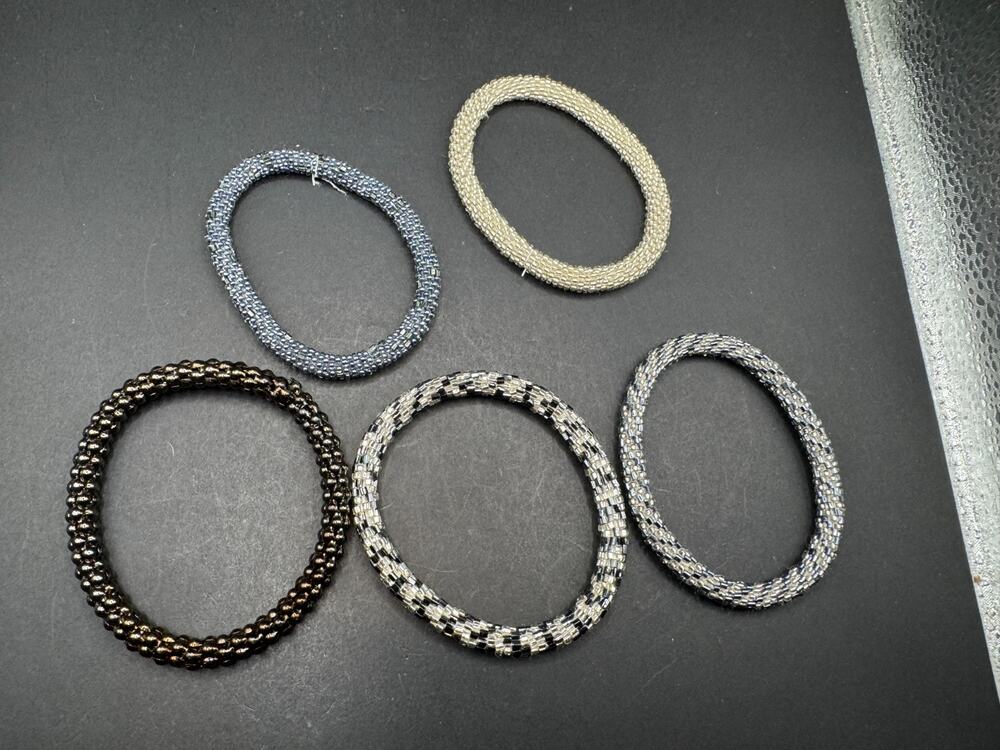 Vintage Nepal Style Glass Solid Beaded Stretch Bracelet Multicolor Lot of 5